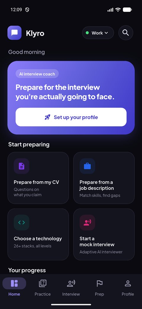 Klyro: Home screen