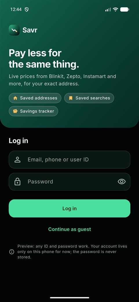 Savr: Welcome screen
